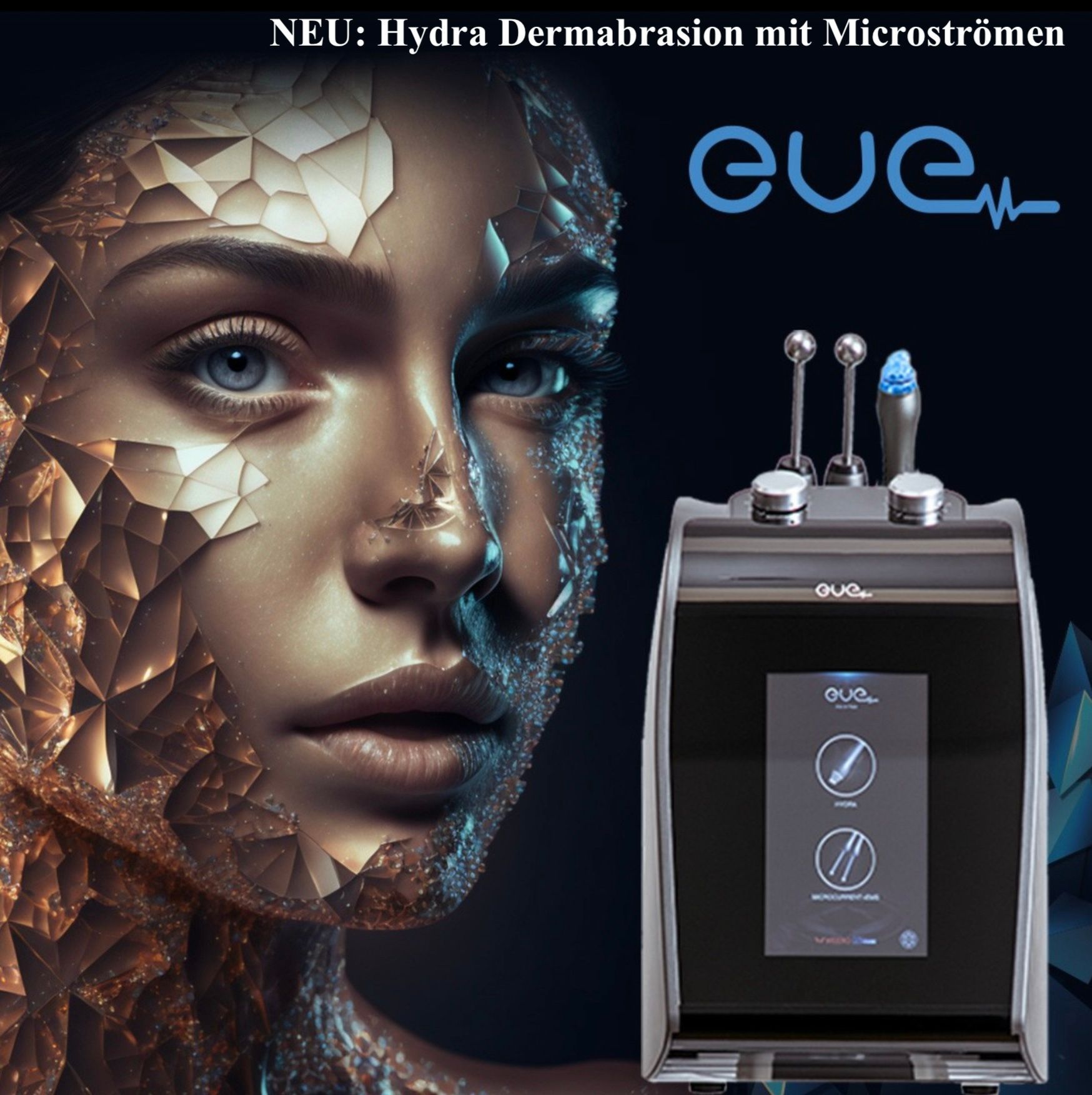Werbebild eines Hydra-Dermabrasionsgeräts neben einem stilisierten Gesicht mit metallischer Gesichtsbeschichtung und blauen Highlights