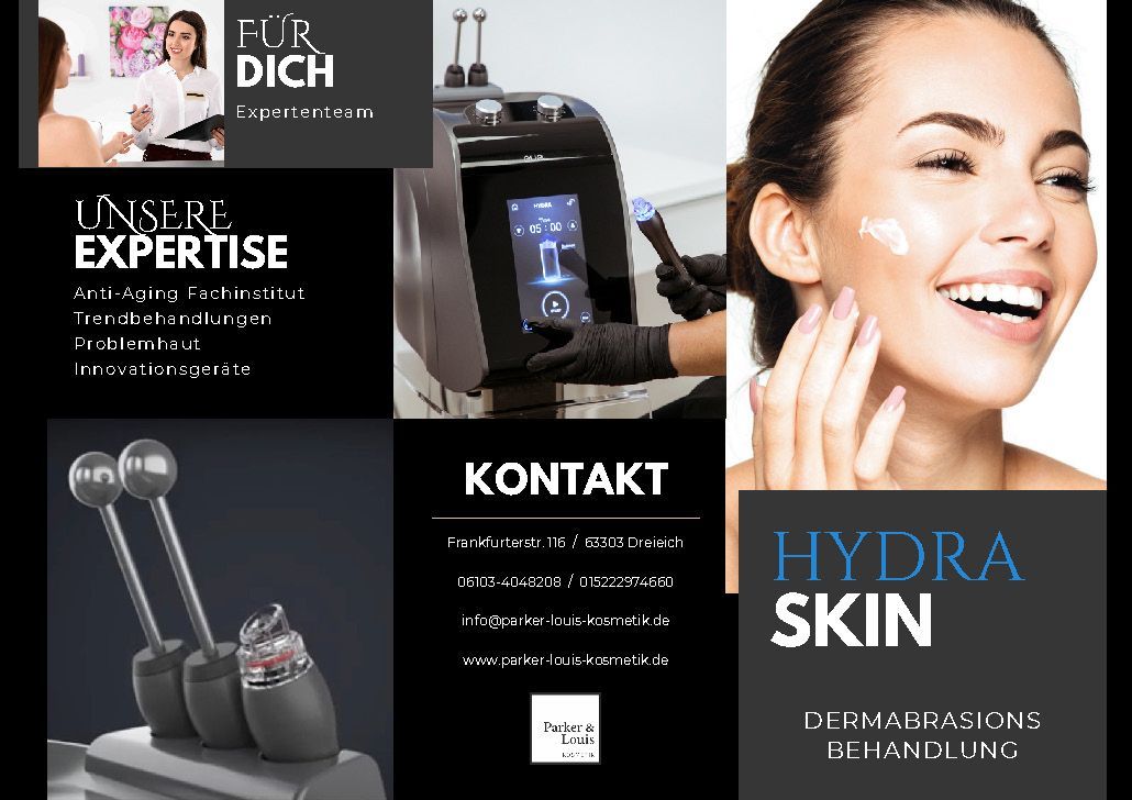 Collage zur Hydra-Hautbehandlung mit Gesichtsbehandlungsgerät, strahlender Frau und Kontaktdaten in Schwarz und Blau.