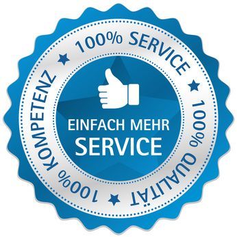Blaues Siegelabzeichen mit der Aufschrift „100% SERVICE“ und „EINFACH MEHR SERVICE“ sowie einem Daumen-hoch-Symbol.