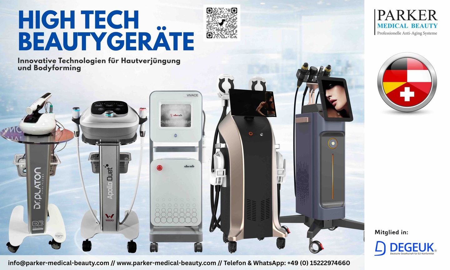 Werbebanner mit Abbildungen von Hightech-Schönheitsgeräten auf Ständern, mit dem Text „HIGH TECH BEAUTYGERÄTE“ und dem Parker-Logo.