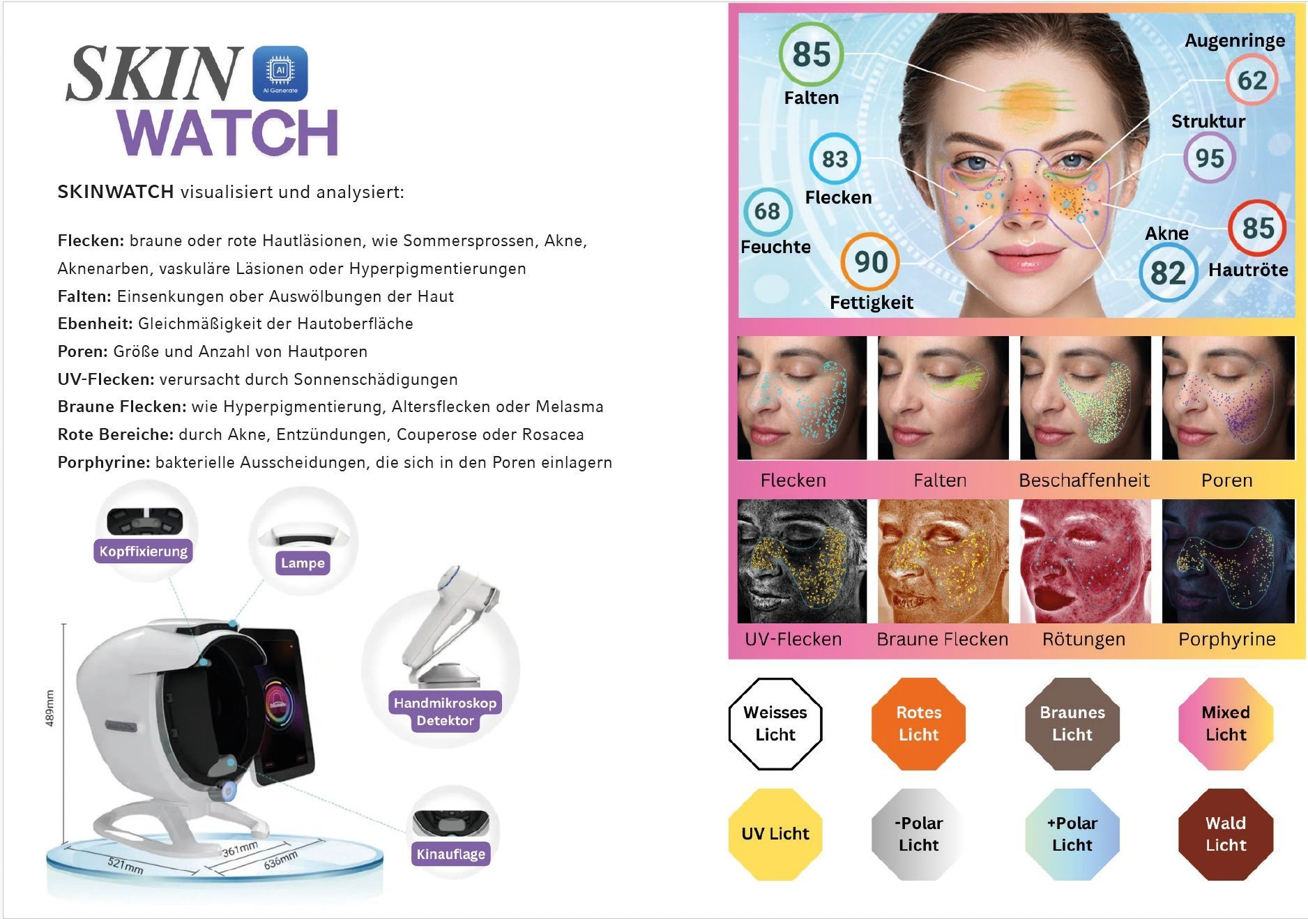 Skin Watch Hautpflegeanalysator mit Gesichtsscanner und Ergebnistabelle für Hautprobleme