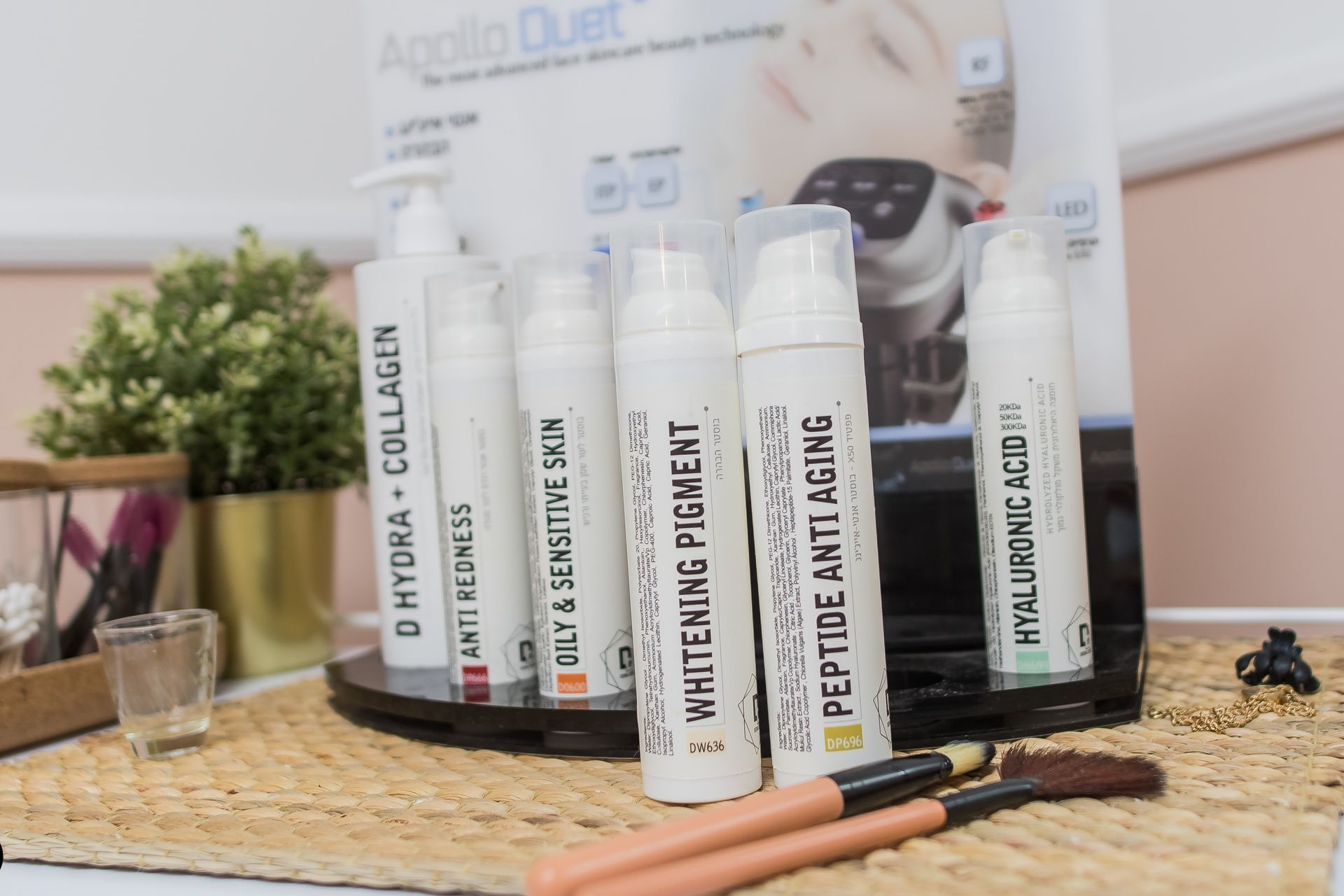 Verschiedene Hautpflegeprodukte in Tuben und Flaschen, zusammen mit einer Pflanze und Schminkpinseln auf einem Tisch arrangiert.