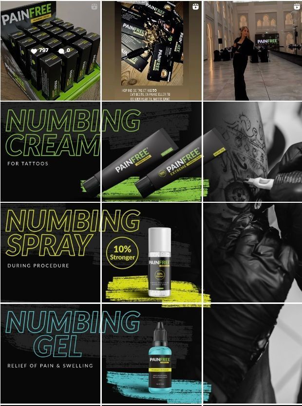 Collage mit Produkten zur Tattoo-Nachsorge, darunter Betäubungscreme, -spray und -gel in schwarzer Verpackung