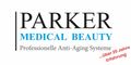 Das Logo von PARKER Medical Beauty ist in Schwarz, Blau und Rot gehalten, mit dem Slogan „Professionelles Anti-Aging-System“.