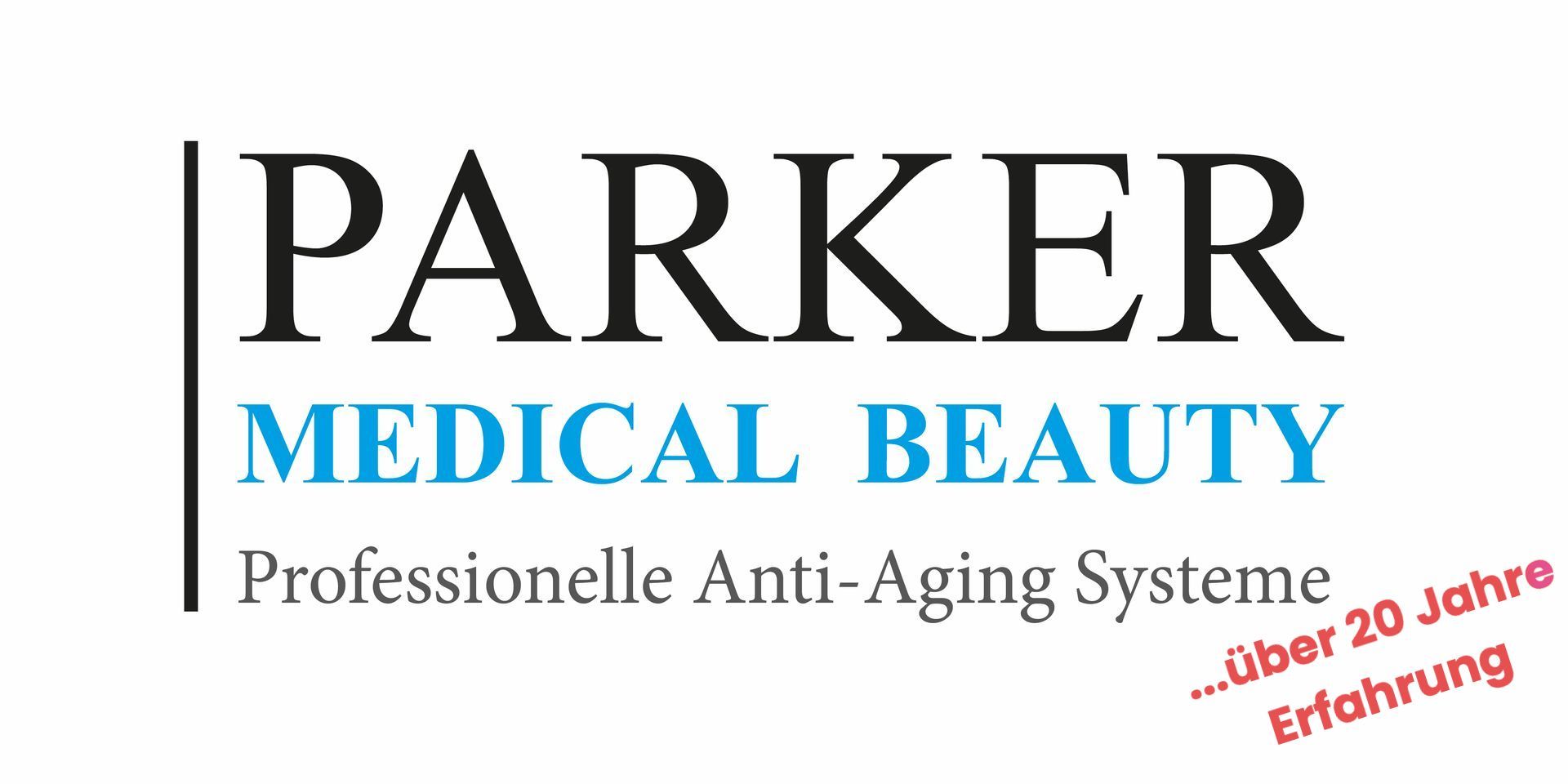 Das Logo von PARKER Medical Beauty ist in Schwarz, Blau und Rot gehalten, mit dem Slogan „Professionelles Anti-Aging-System“.