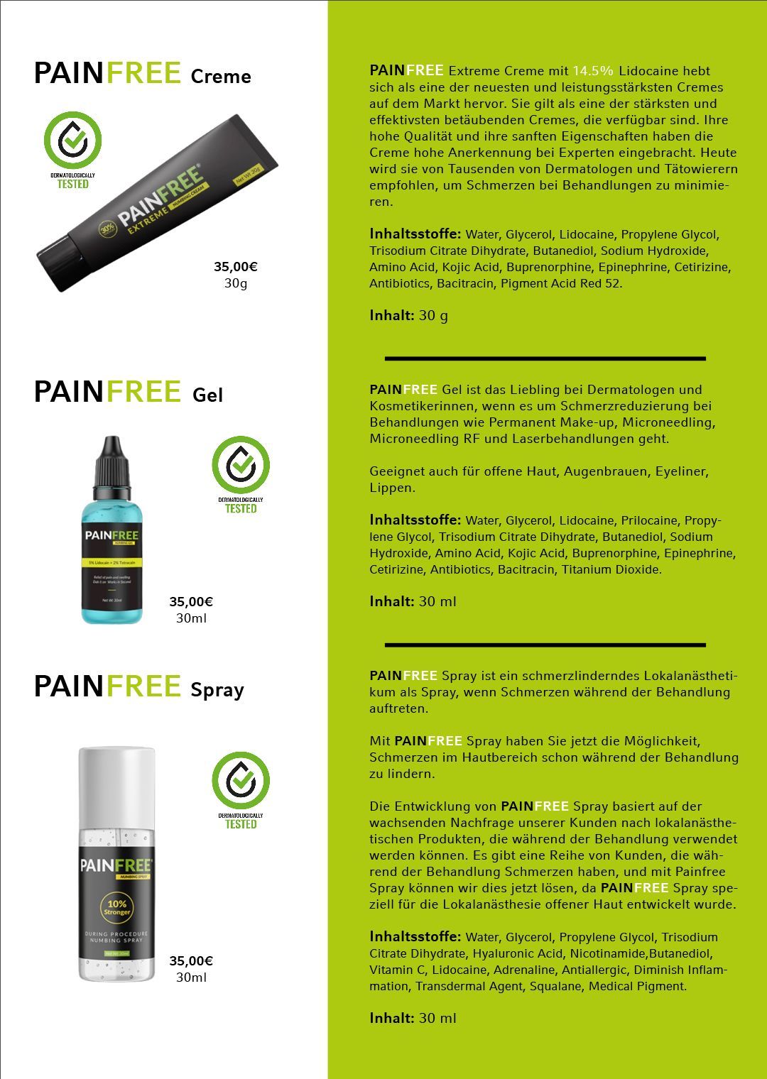 Grüner Produktflyer für PAINFREE Creme, Gel und Spray mit Anwendungshinweisen rechts.