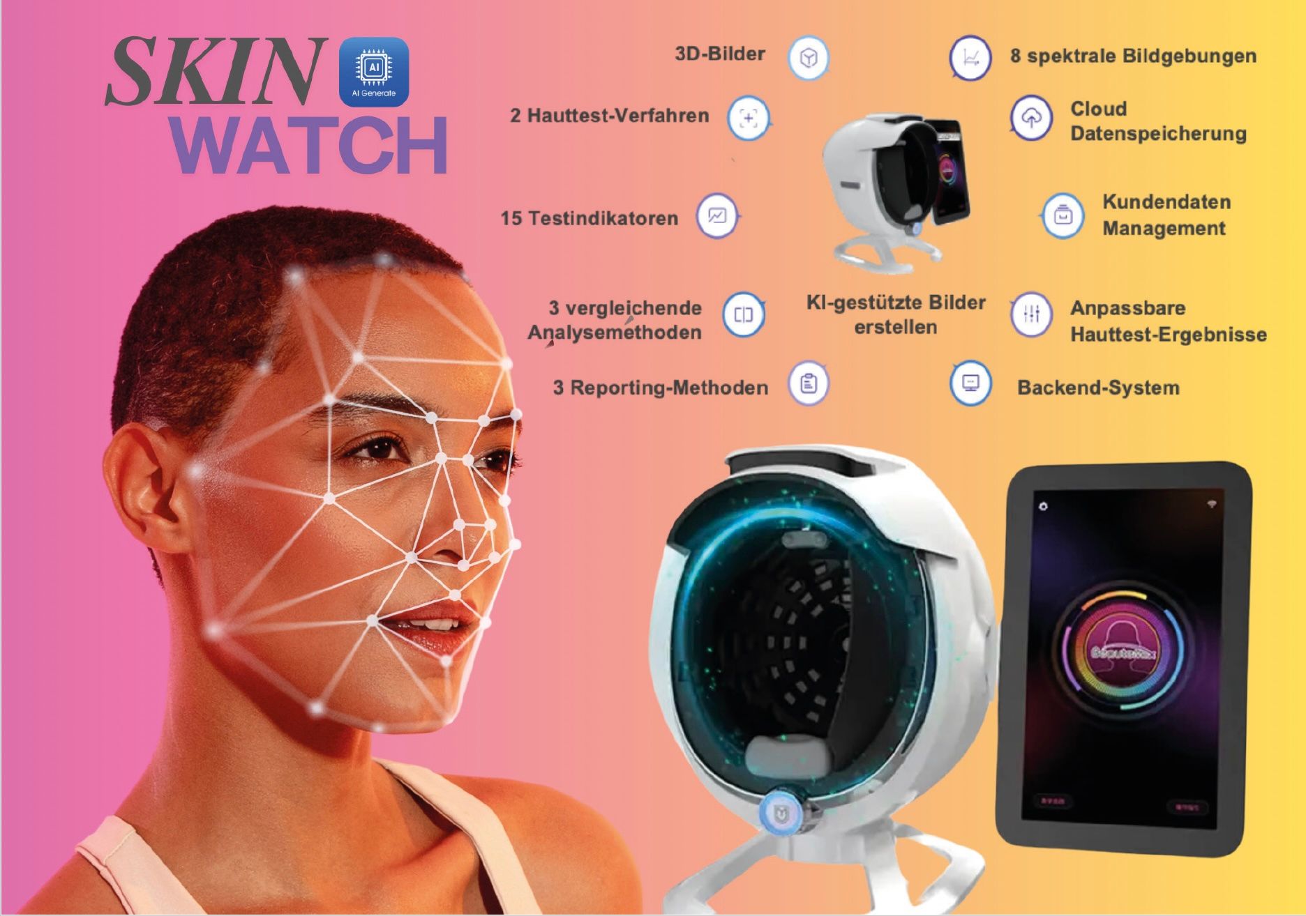 Skin Watch-Werbung für Hautpflegeprodukte zeigt Gesichtsanalyse-Scan mit Gerät und App auf rosa Hintergrund
