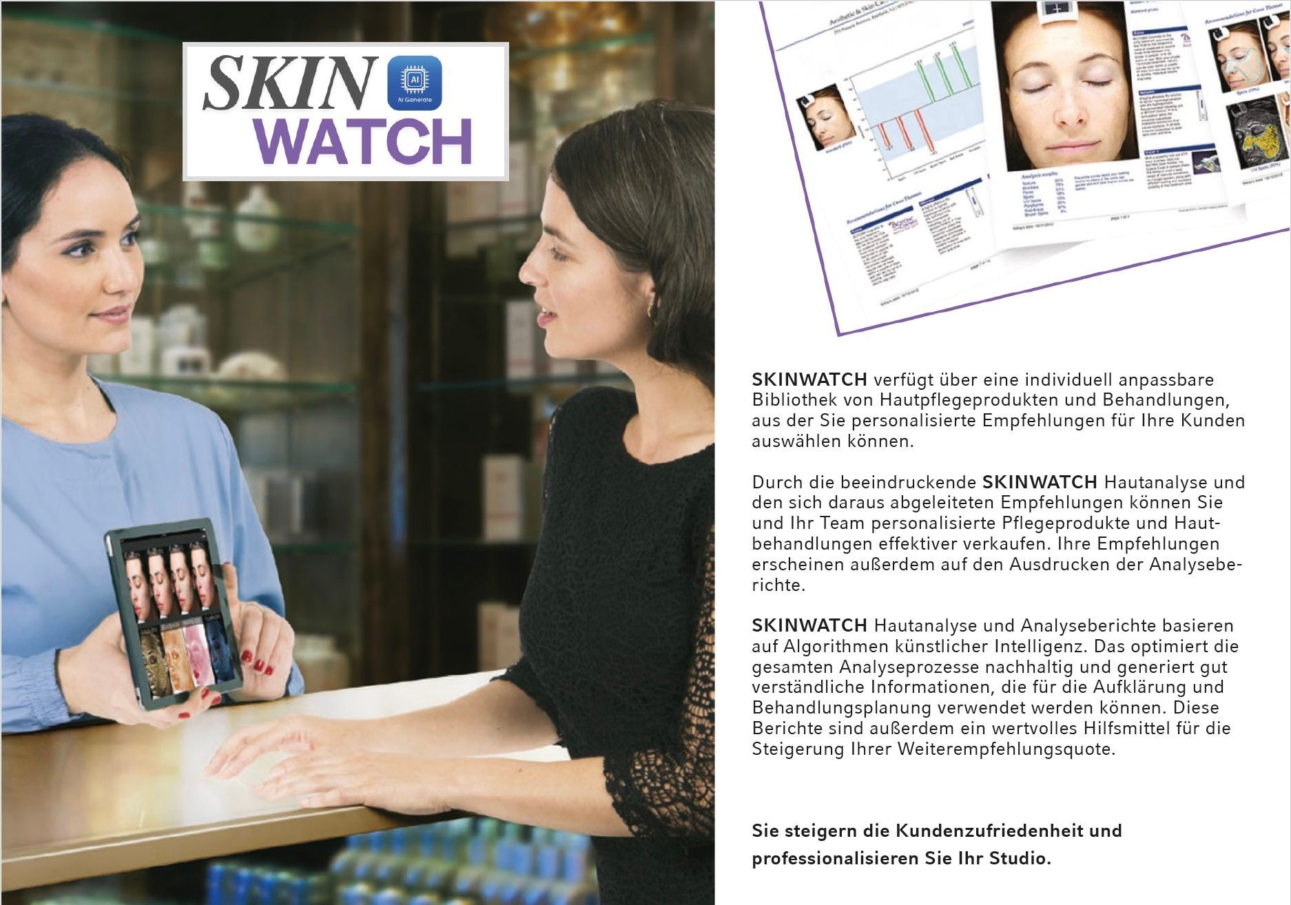 Zwei Frauen unterhalten sich über eine Skin Watch Tablet-App neben einer Broschürenseite mit Screenshots und Text der App.