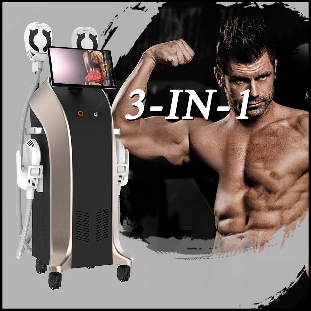 Werbung für ein 3-in-1-Fitnessgerät mit schwarz-silbernen Geräten neben einem muskulösen Mann, der seine Muskeln spielen lässt.