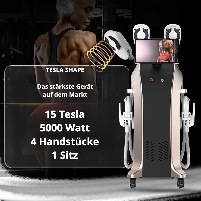 Tesla Shape Optima Werbung für das Tesla Shape-Gerät, ein schwarz-silbernes Gerät mit deutschem Text und einer Frau im Hintergrund.