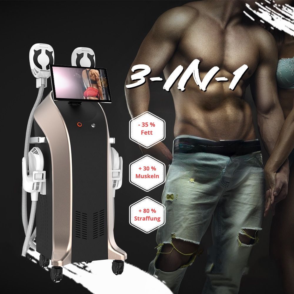 Tesla Shape 3 Technologien in einem 3-in-1-Körperformungsgerät neben einem Mann mit freiem Oberkörper, der seine Bauchmuskeln und zerrissene Jeans zeigt.