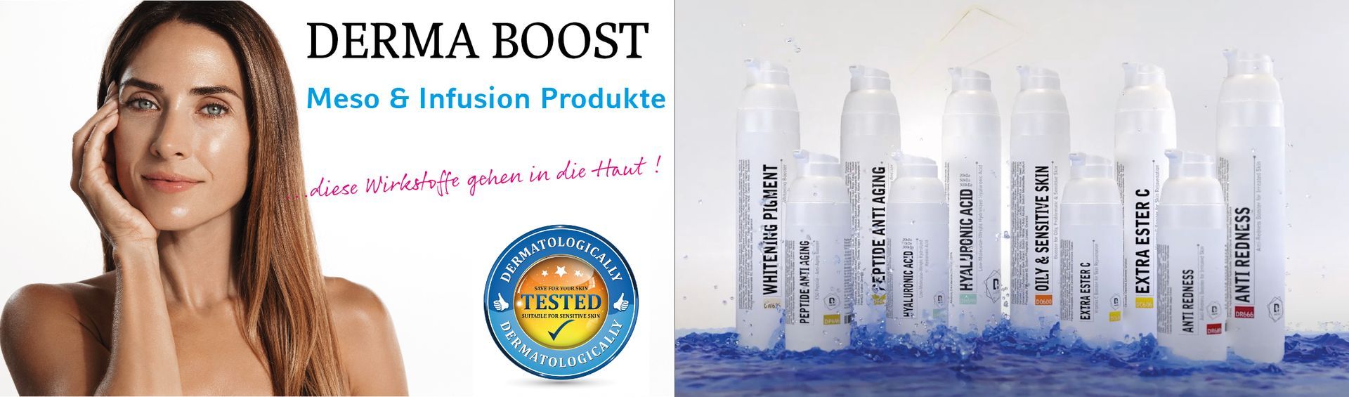 DERMA BOOST Hautpflege-Werbung mit Frau, Produktampullen und blau-weißem Branding auf weißem Hintergrund
