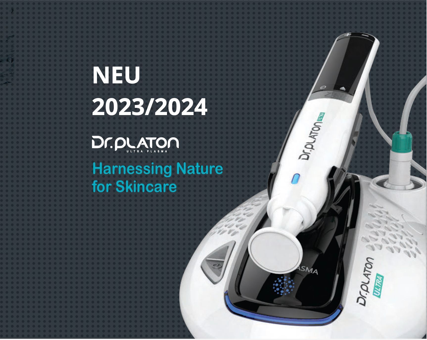 NEU 2023/2024 Dr. Plant Hautpflegegerät auf weißem Sockel, schwarz-weiße Produktanzeige mit blauem Text