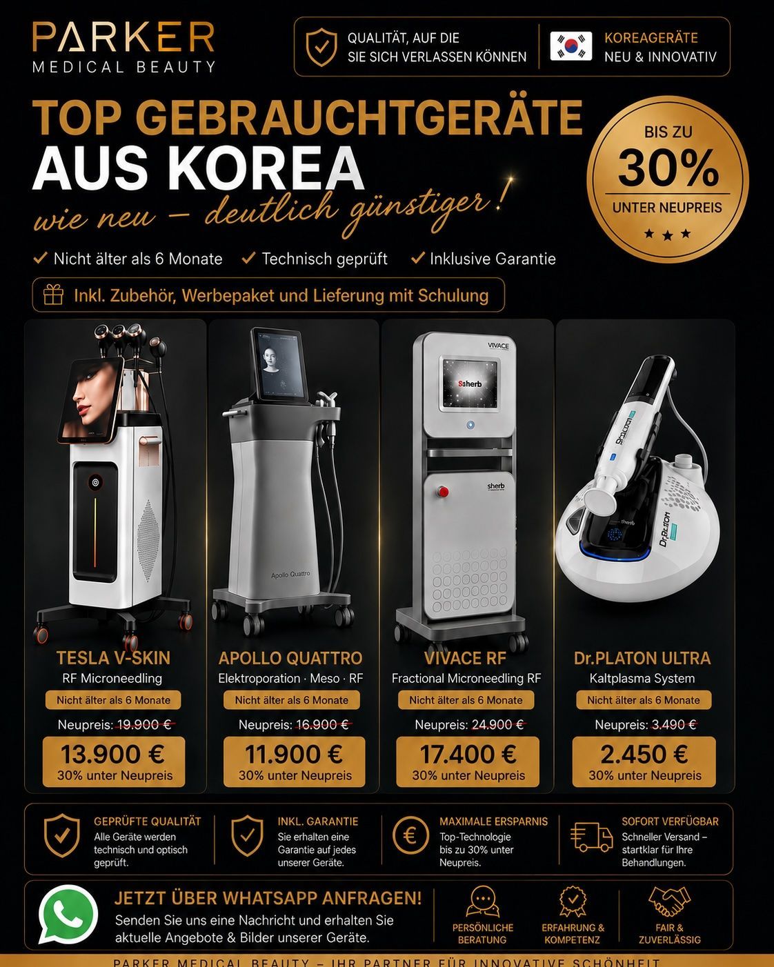 Deutsche Werbung für generalüberholte koreanische Haushaltsgeräte: Wasserspender, Kühlbox, Kühlschrank und Staubsauger auf schwarzem Hintergrund