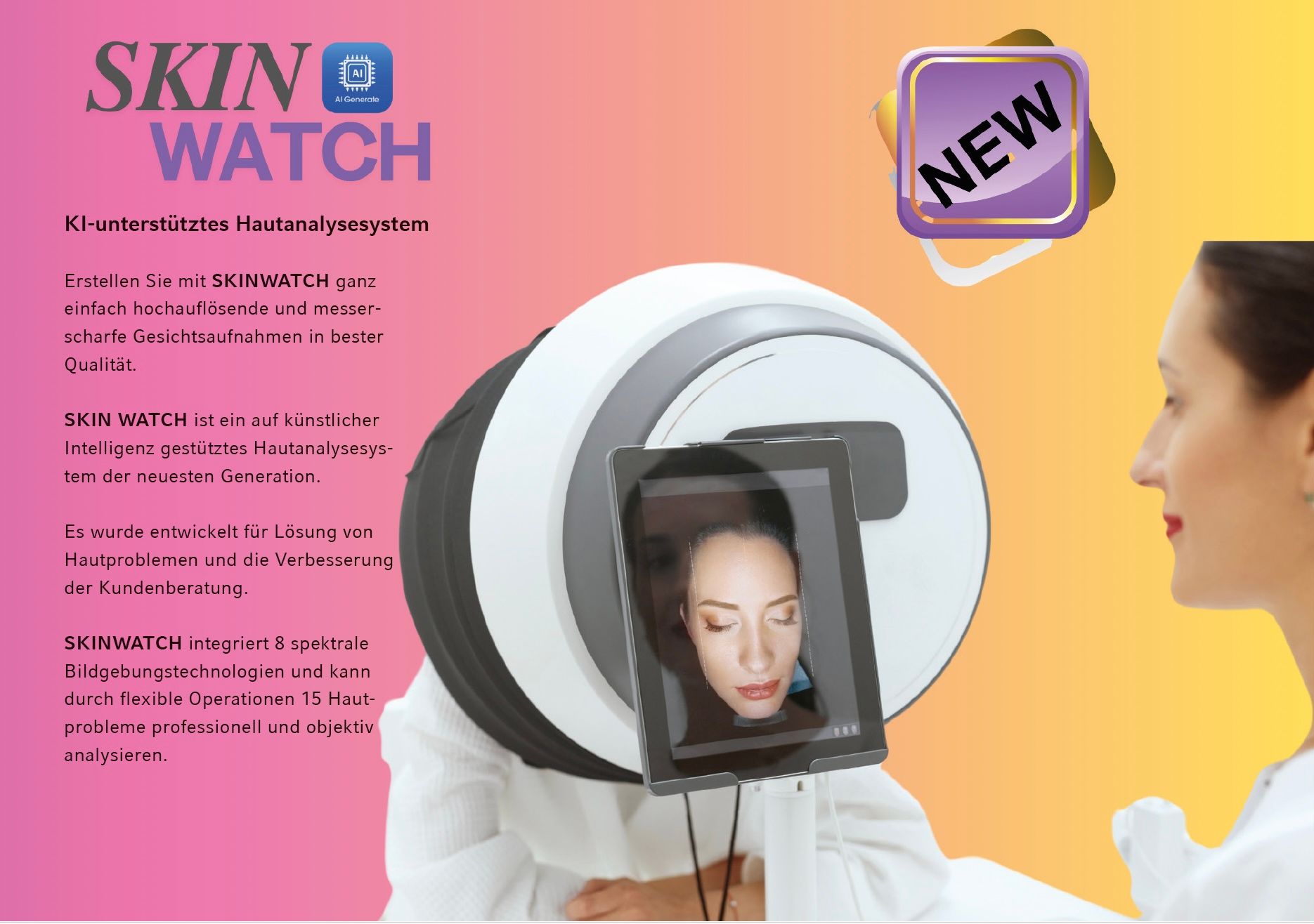 Skin Watch Hautpflege-Werbung mit Gesichtsscanner und Frau vor pink-orangem Hintergrund