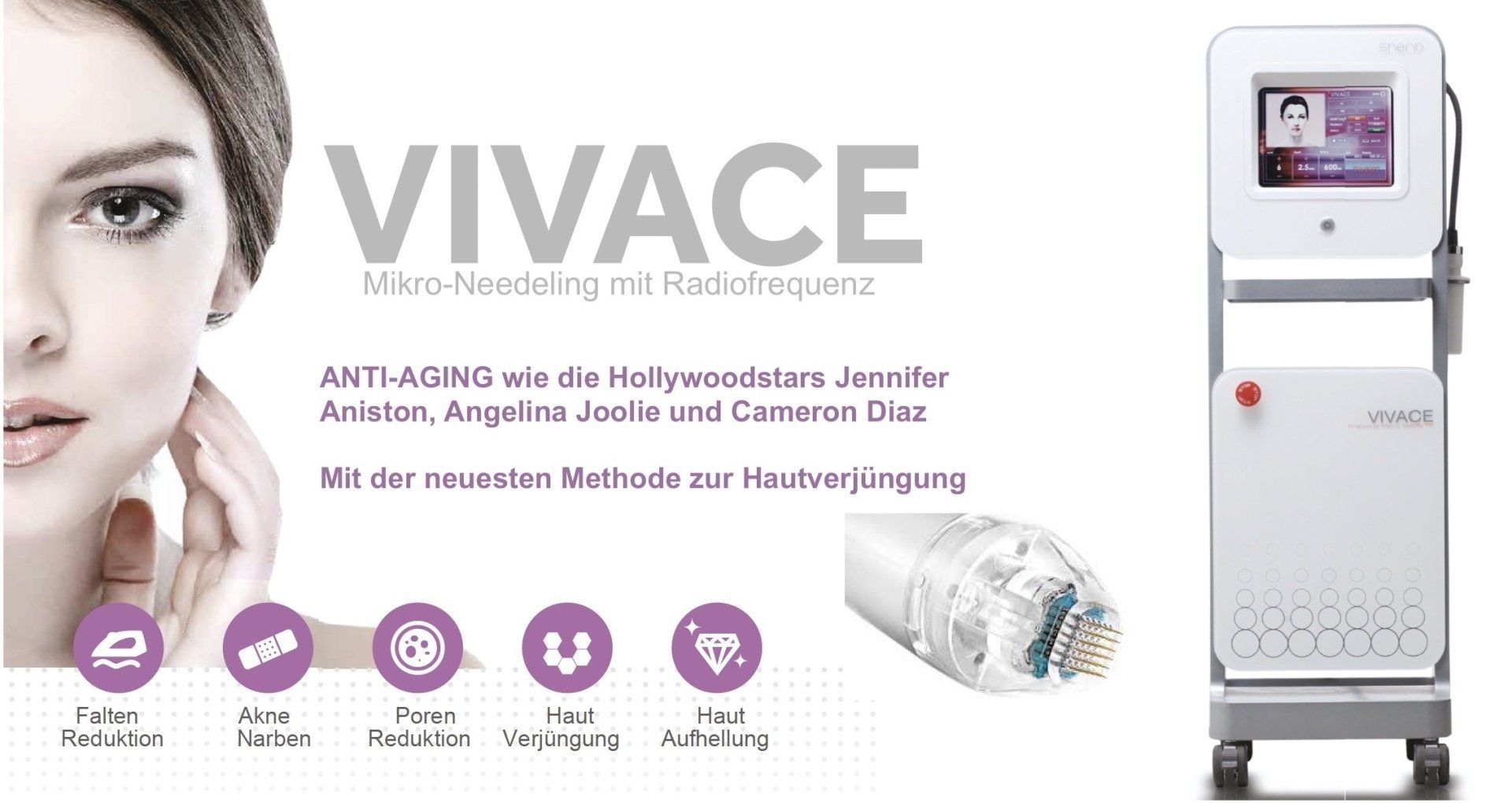 Neben einer Maschine steht das Gesicht einer Frau, auf der „Vivace“ steht.