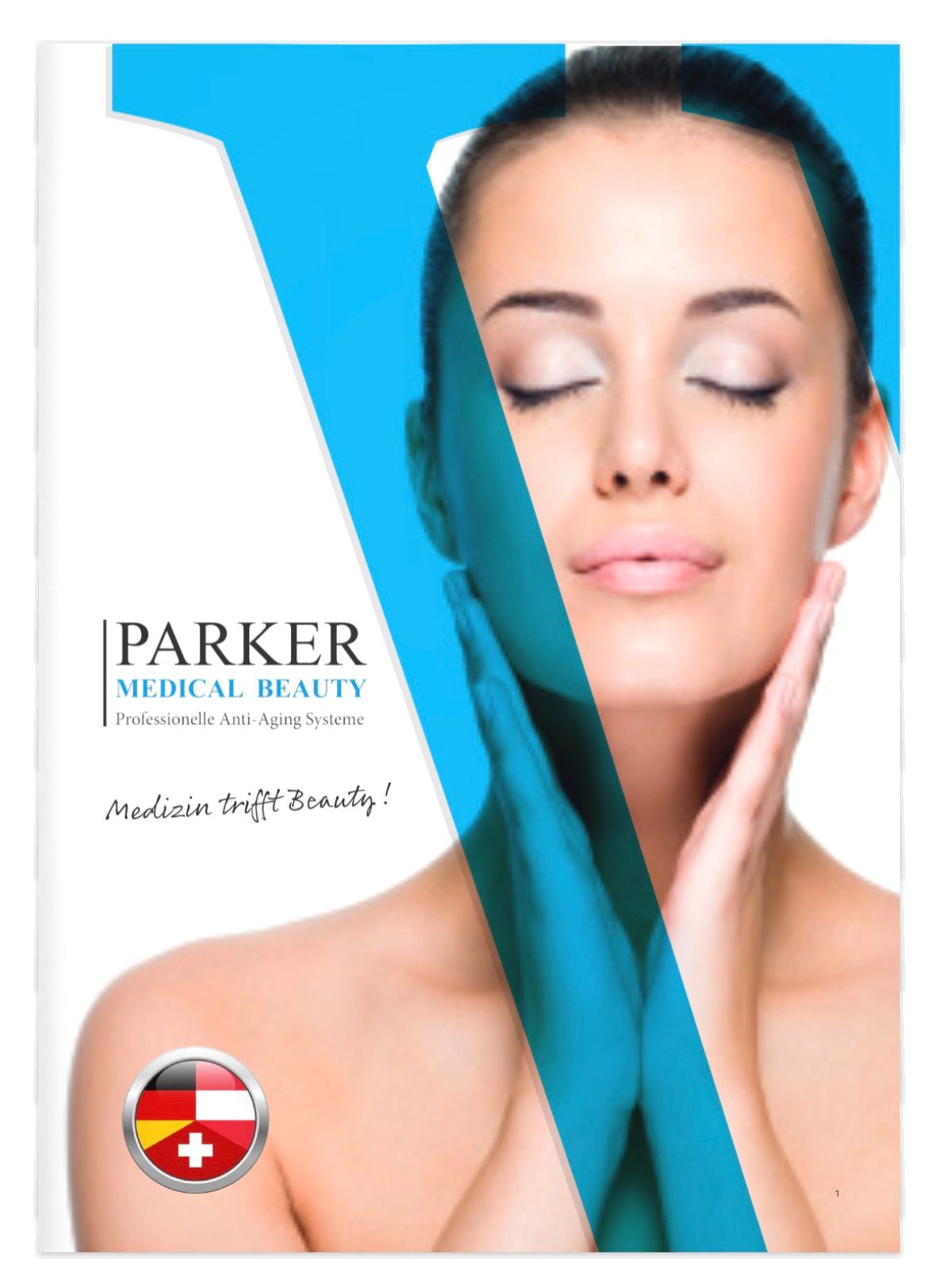 Werbung für Parker Medical Beauty mit dem Gesicht einer Frau mit geschlossenen Augen neben einer blauen, bandartigen Form und dem Emblem der Schweizer Flagge.