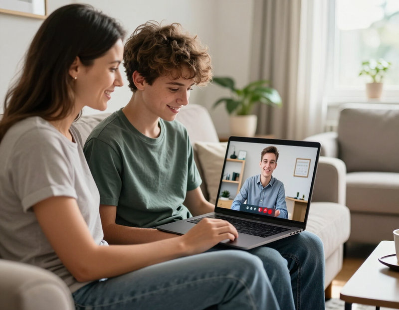 Madre e hijo en una clase virtual con su tutor