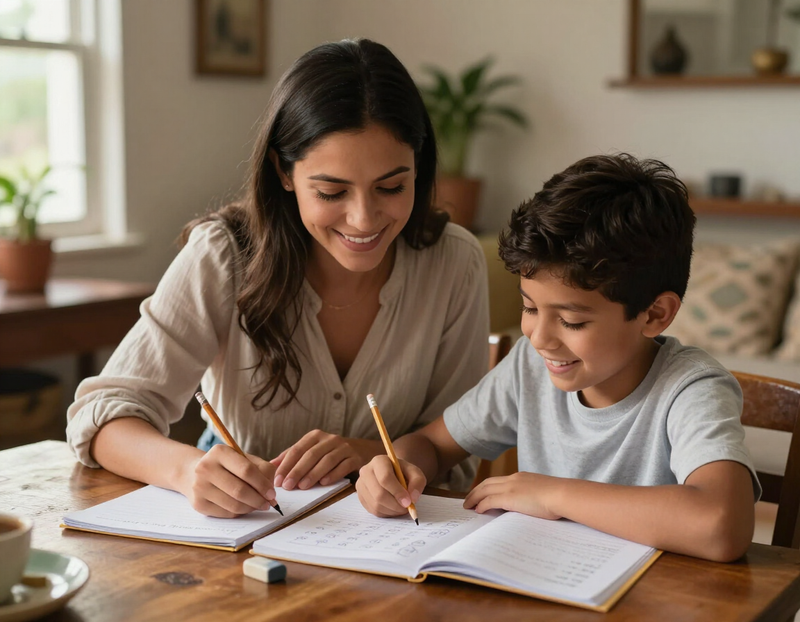 Tutora y estudiante trabajando juntos en casa