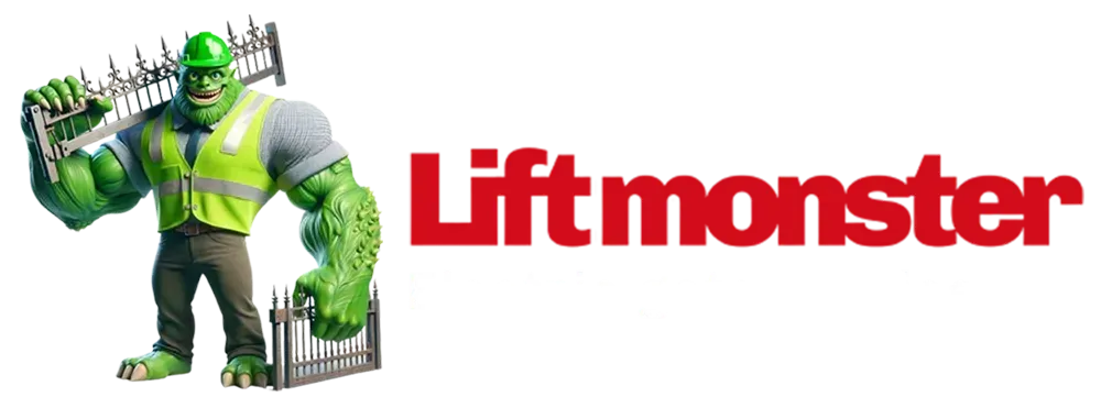 lift monster logo lift monster logo, a monster holding gate grills, and Liftmaster electric gate services written by the side