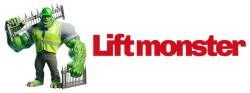 lift monster logo lift monster logo, a monster holding gate grills, and Liftmaster electric gate services written by the side
