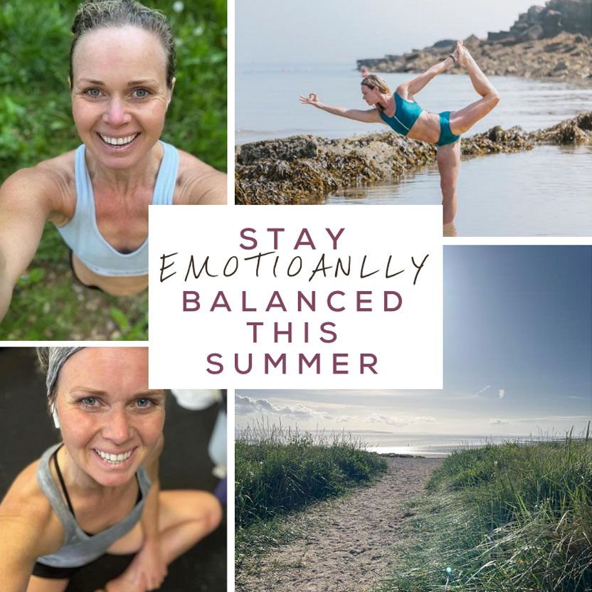 Collage: Woman exercising, doing yoga by the sea, and a path leading to the shore, with text