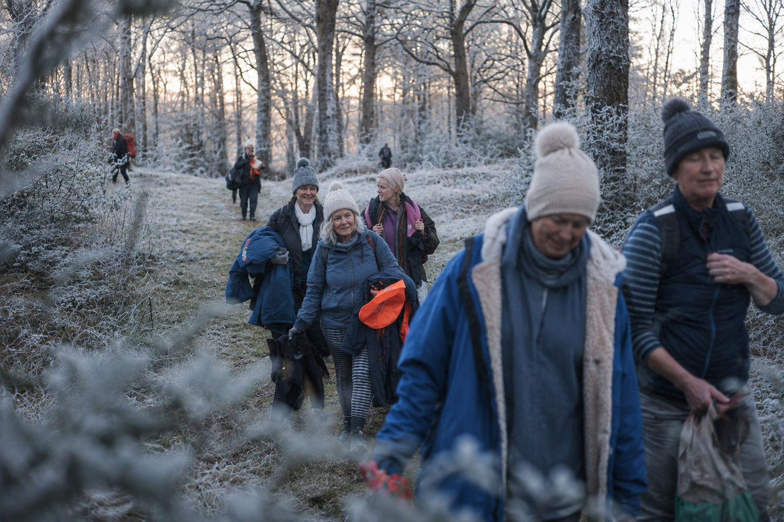 People walking in coats through a wintery snowy woodland