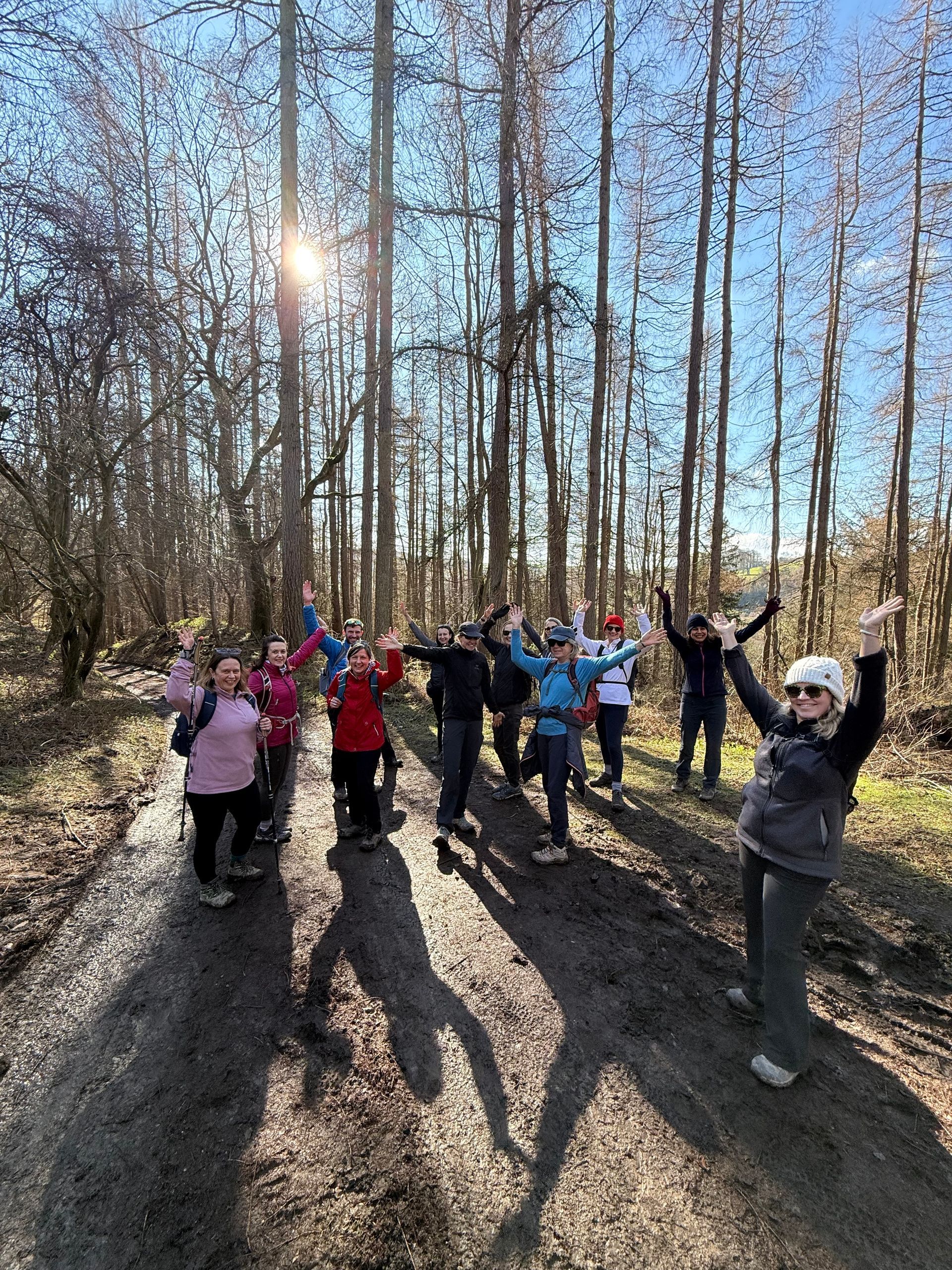 A group of hikers in colorful jackets stands on a forest path with their arms raised high under a bright, sunny sky.