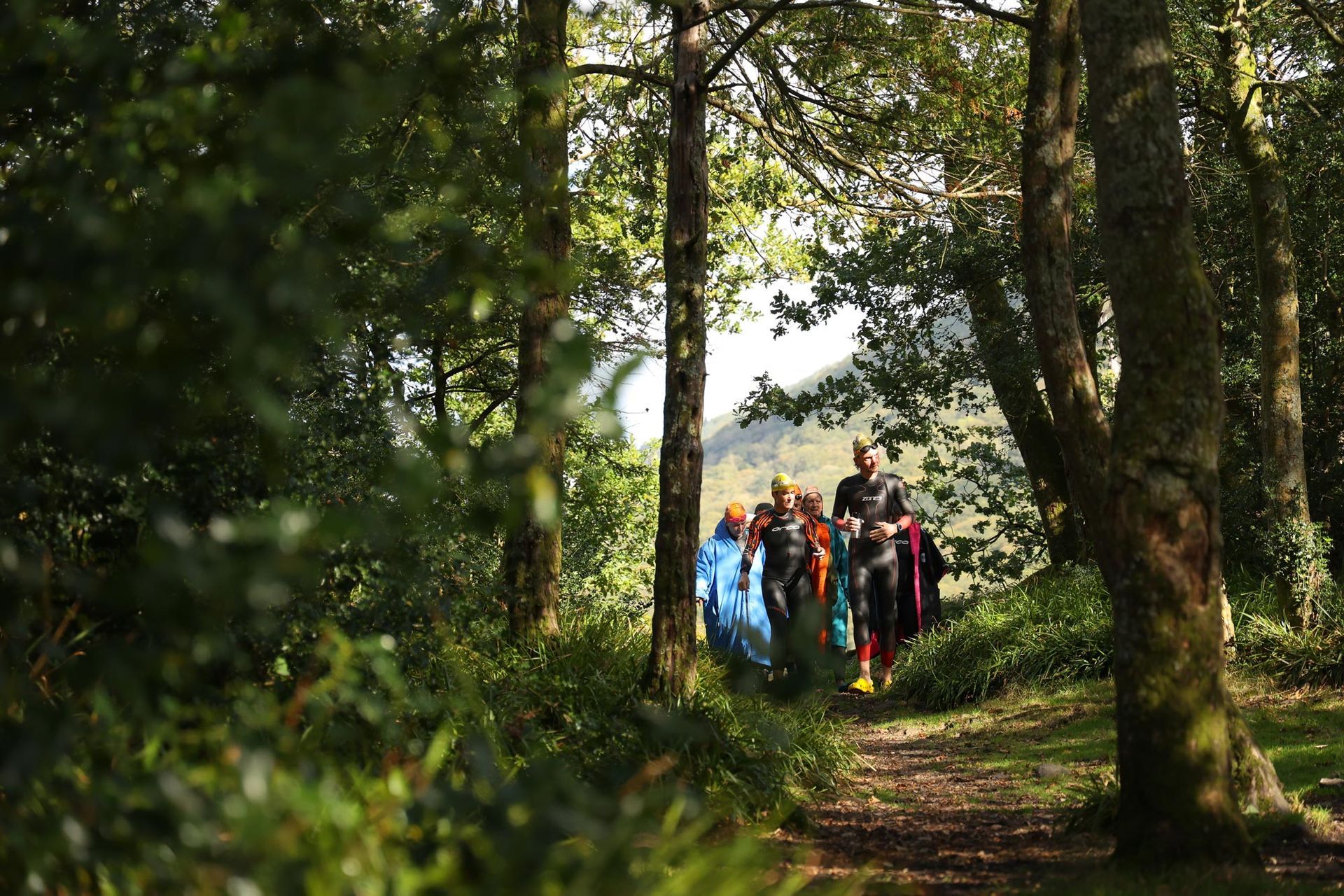 A group of people are standing on a path in the woods.