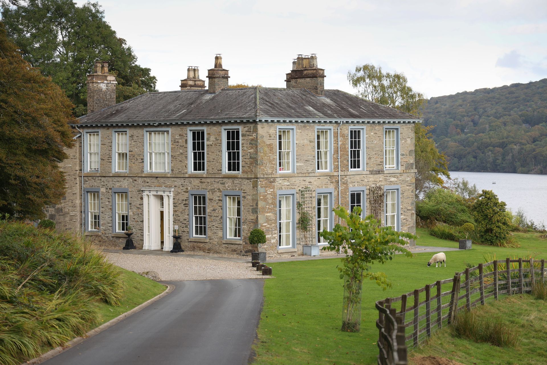Aerial view of a the Silverholme Manor on the shore of Lake Windermere