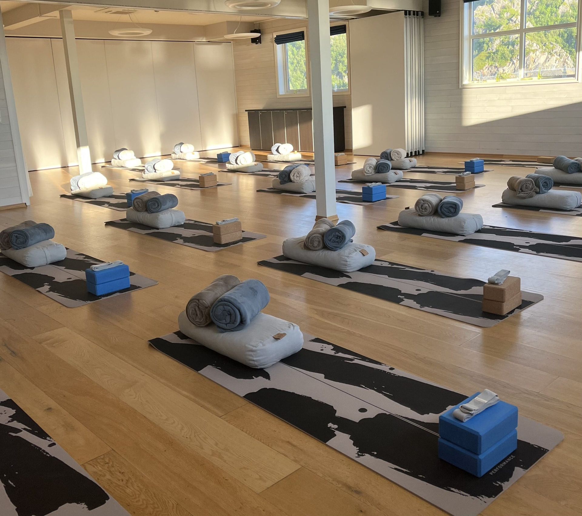 Yoga studio with mats, pillows, towels, and blocks, ready for a class. Bright, sunlit room, wooden floor.