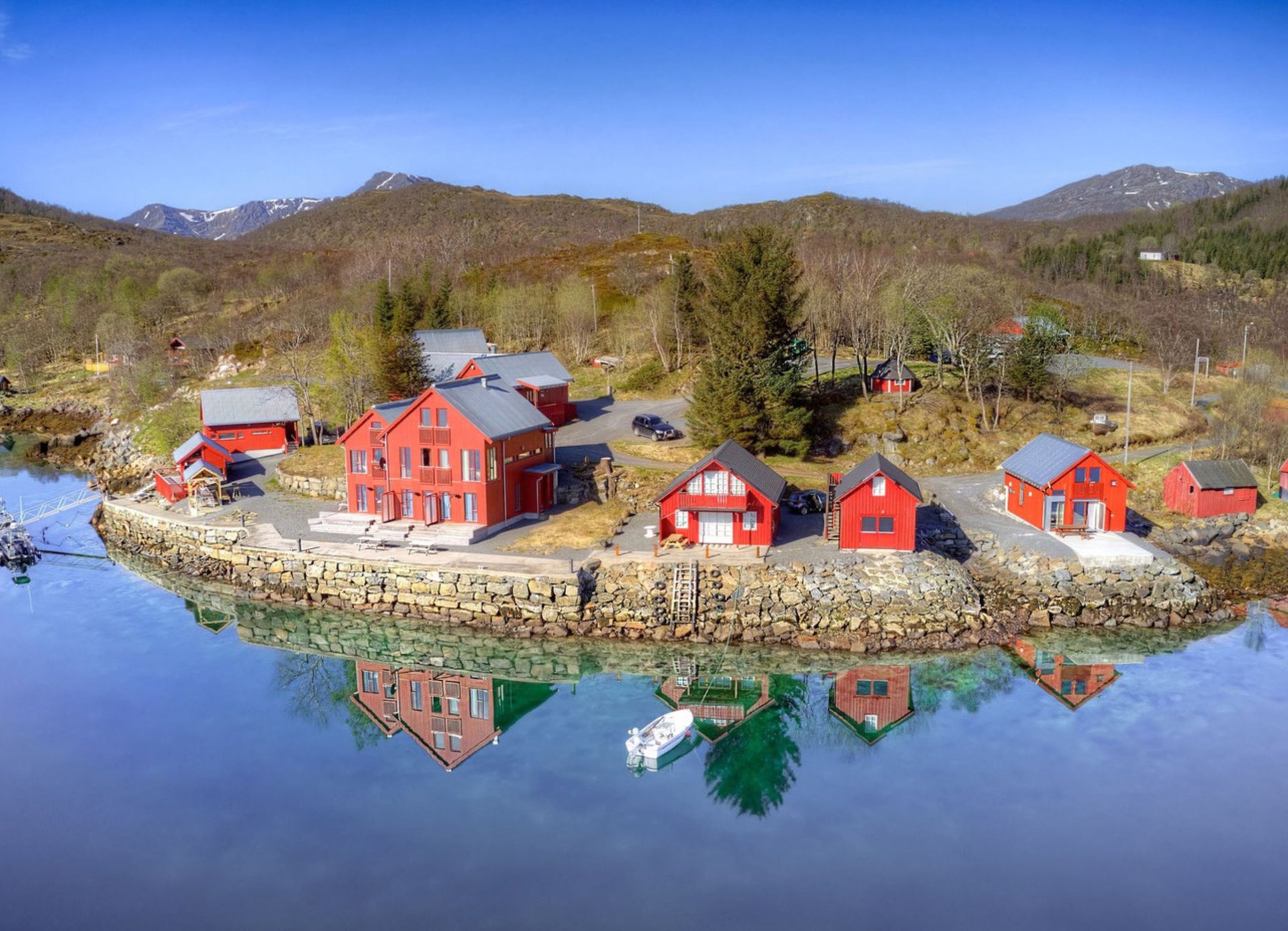 Red houses by a fjord in Norway