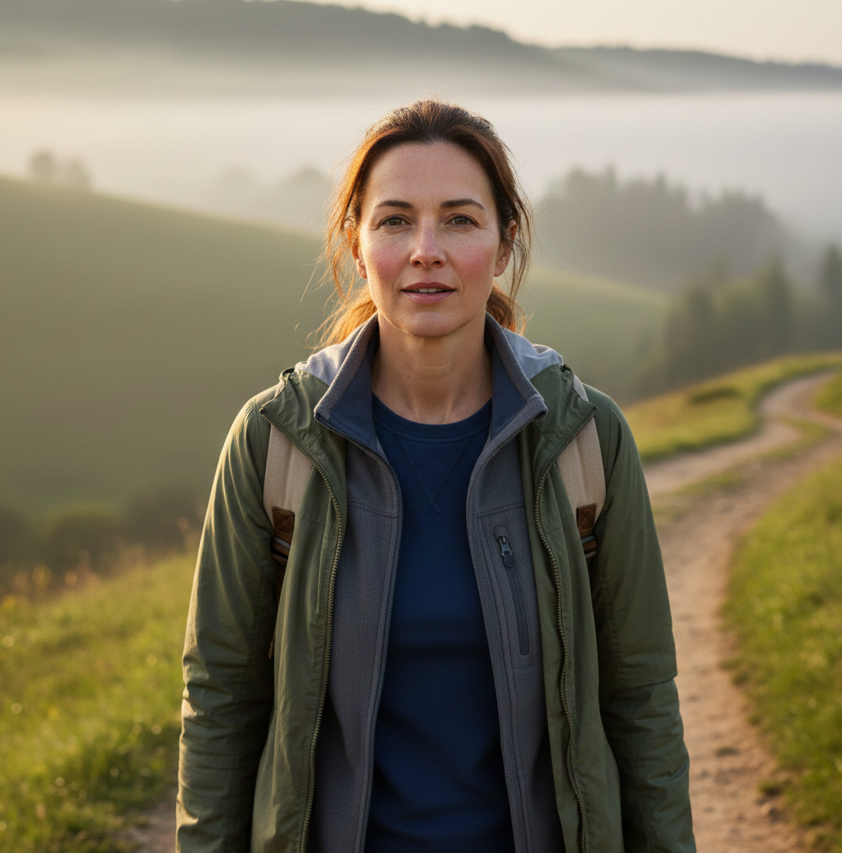 Woman hiking on a dirt path in a green, misty landscape, wearing a backpack and jacket.