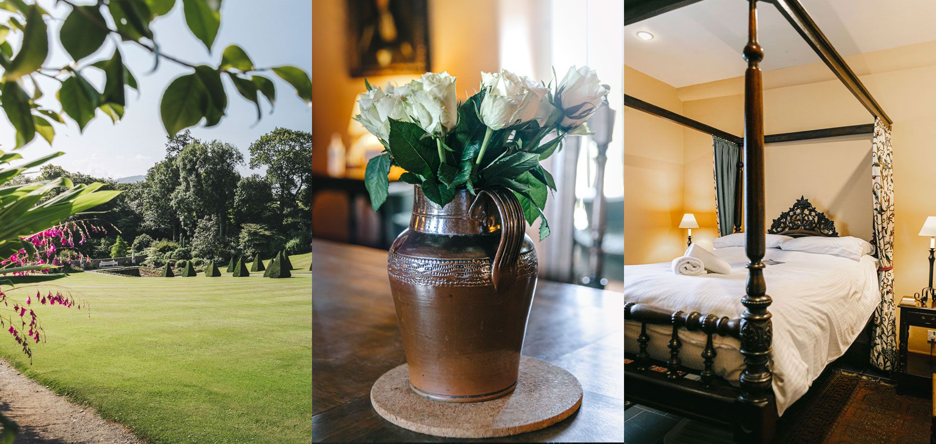 Three panels: green lawn, flowers in a vase, four-poster bed.
