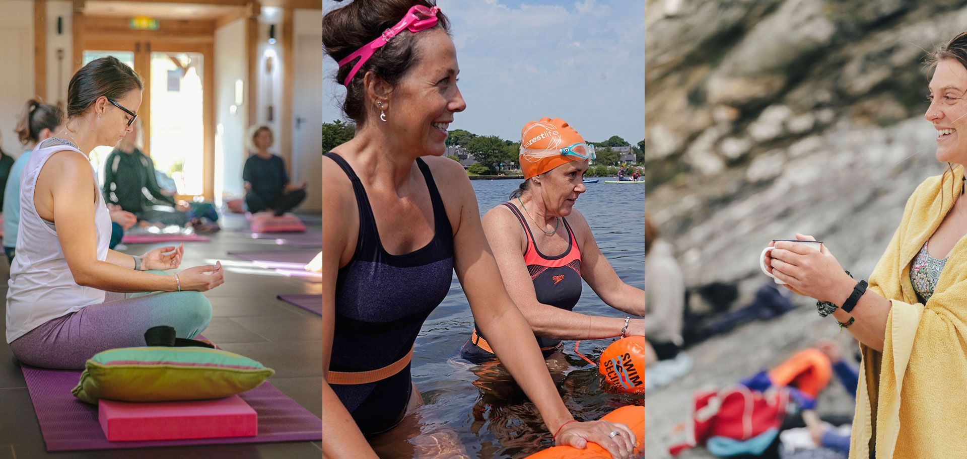 Women doing yoga, swimming, and holding a cup. Indoor and outdoor settings with water.