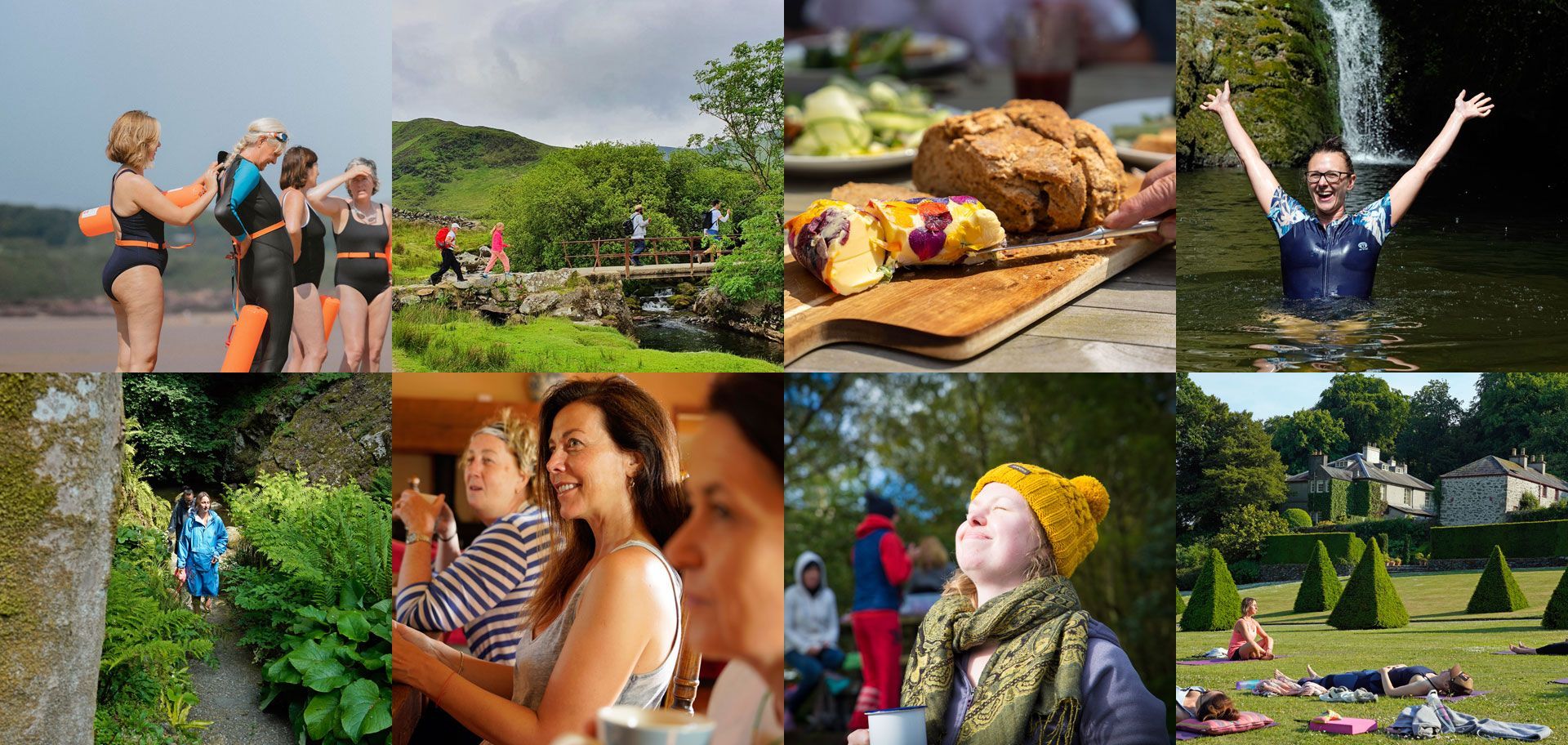 Eight scenes of people enjoying activities: swimming, walking, food, and relaxation in nature.