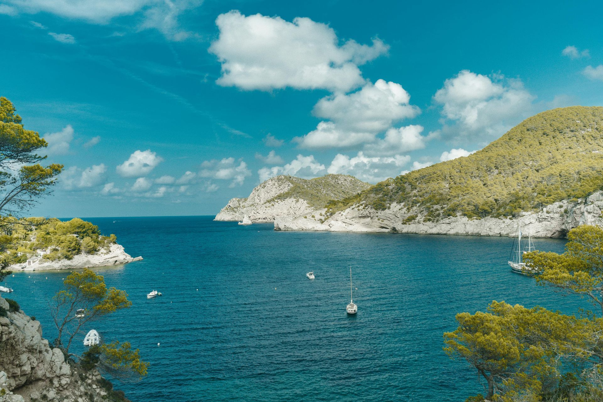 Ocean bay with boats, surrounded by green hills, blue sky, and white clouds.