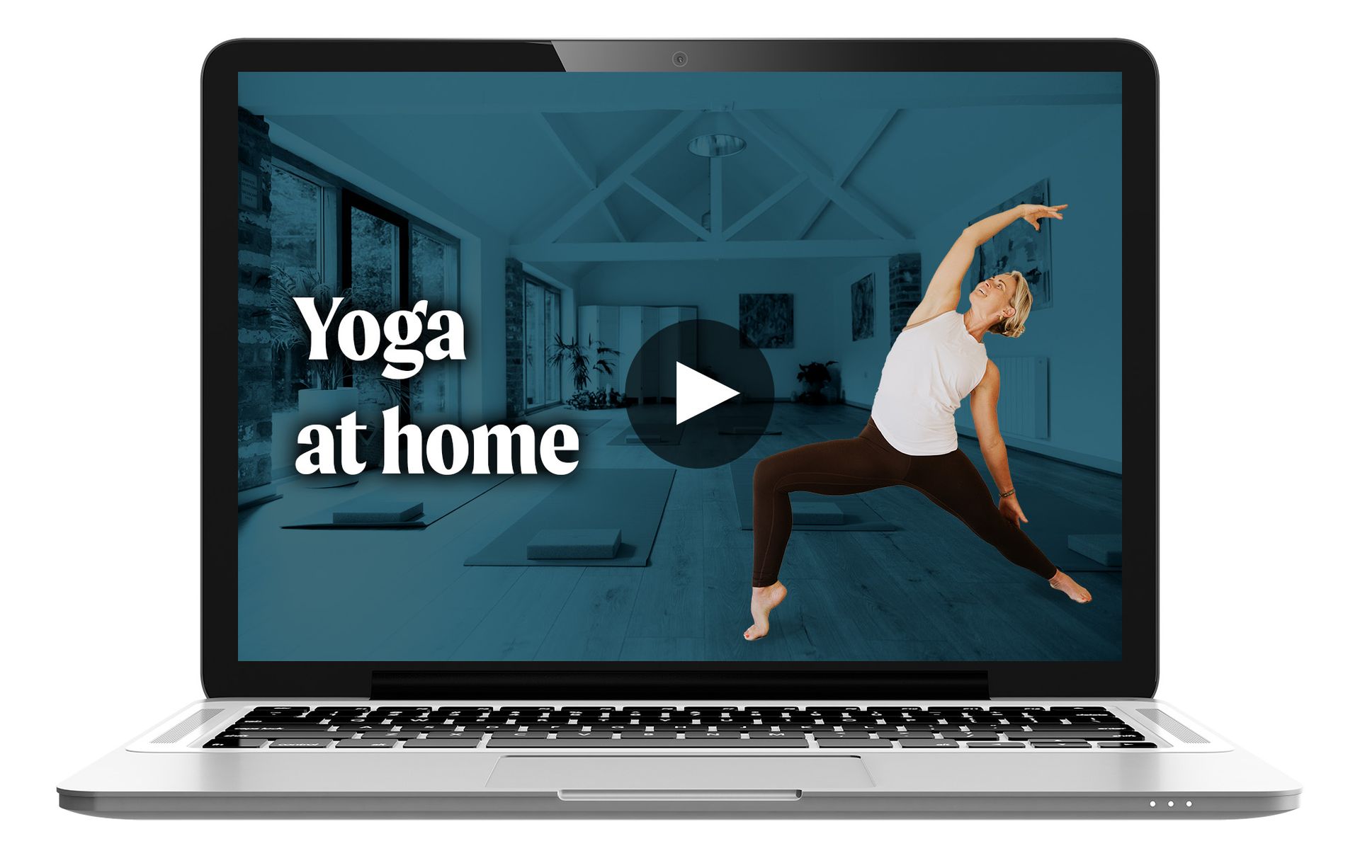 Laptop playing a yoga video, featuring a woman in a pose, indoors. Text reads 
