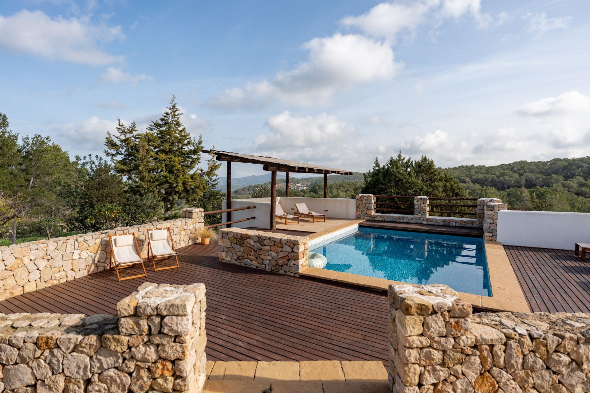 Swimming pool and olive groves and terrace with deckchairs