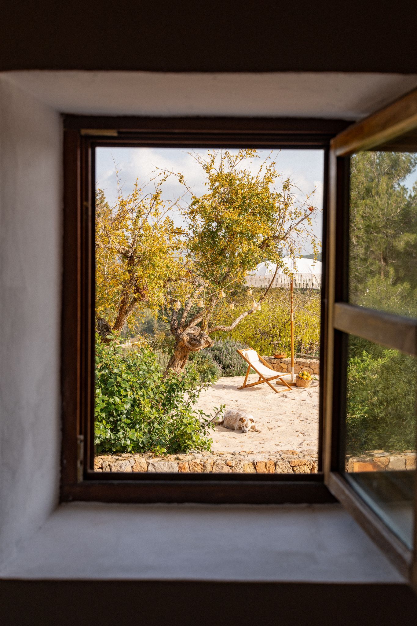 a view through a window to Ibizan garden