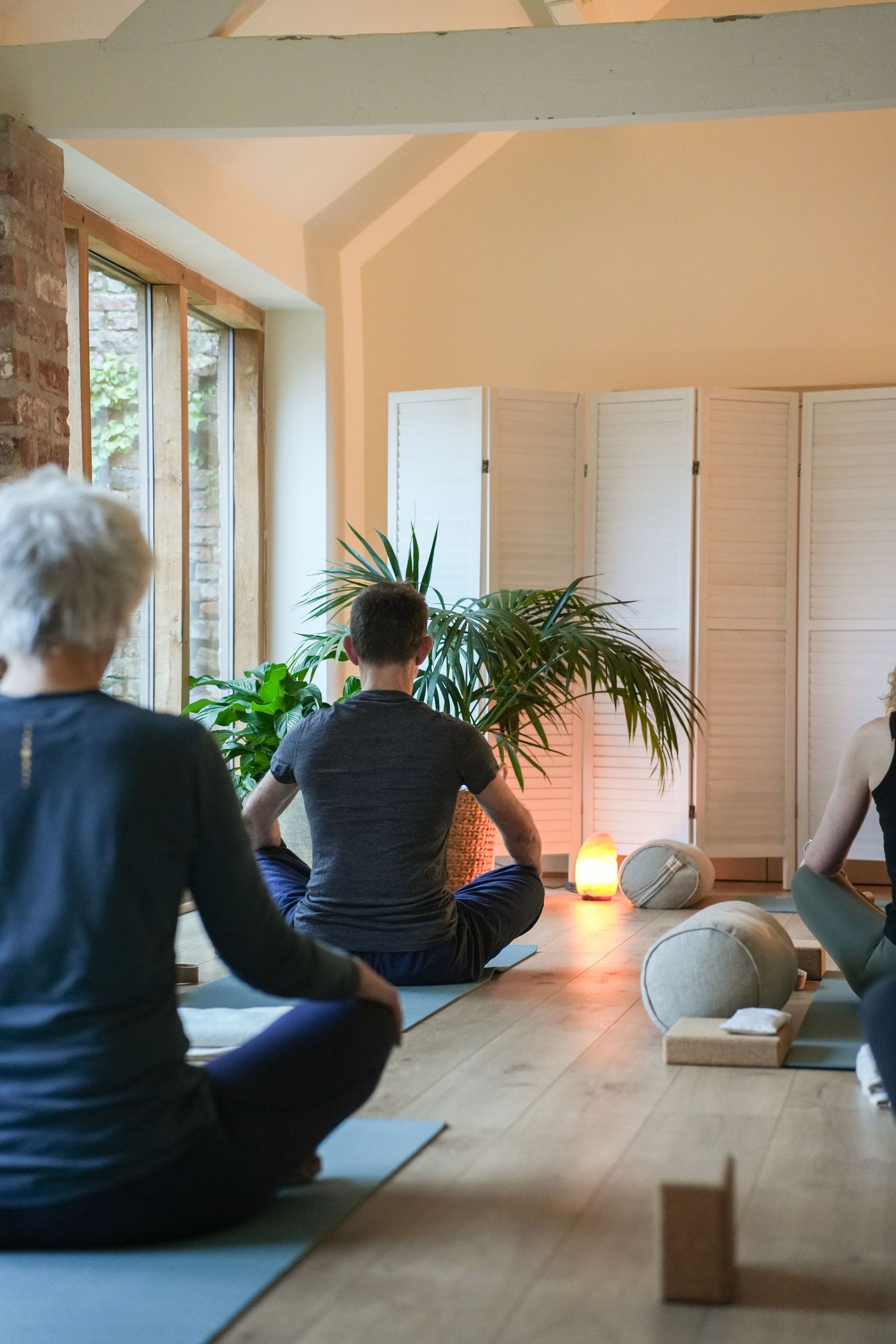 yoga mats in a yoga room with pot plants and big windows and people
