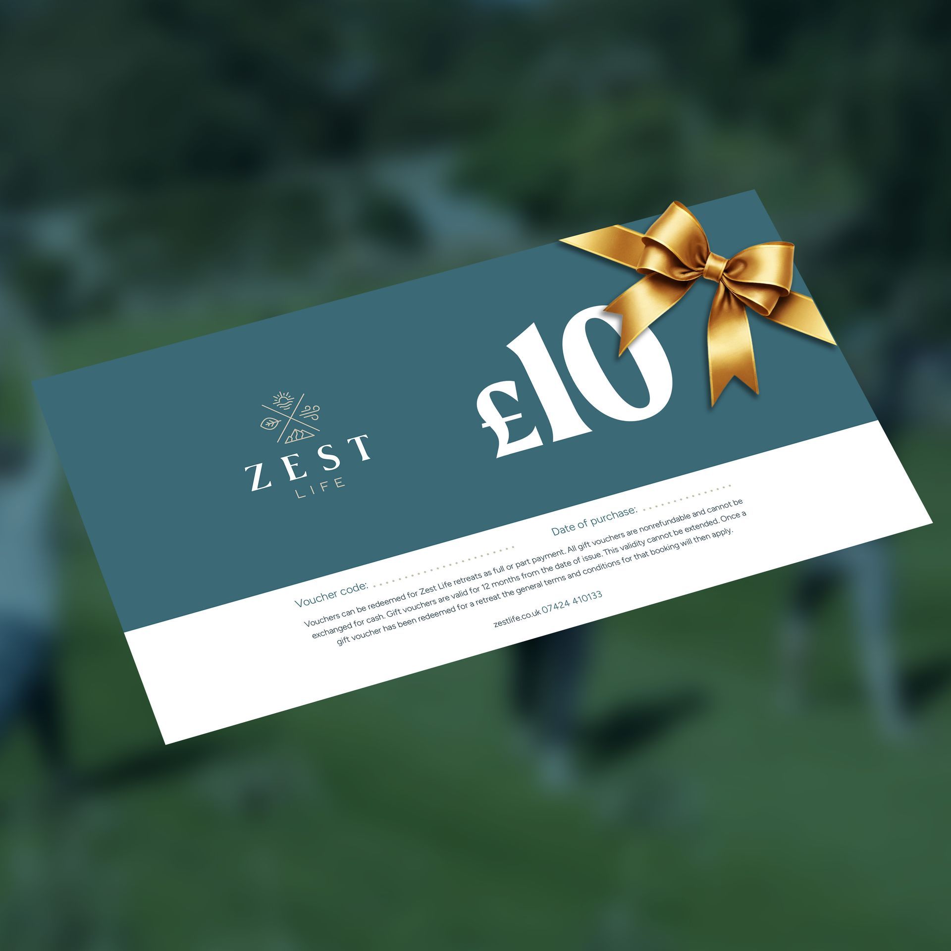Gift card for Zest Cafe with a gold bow, value of £10.