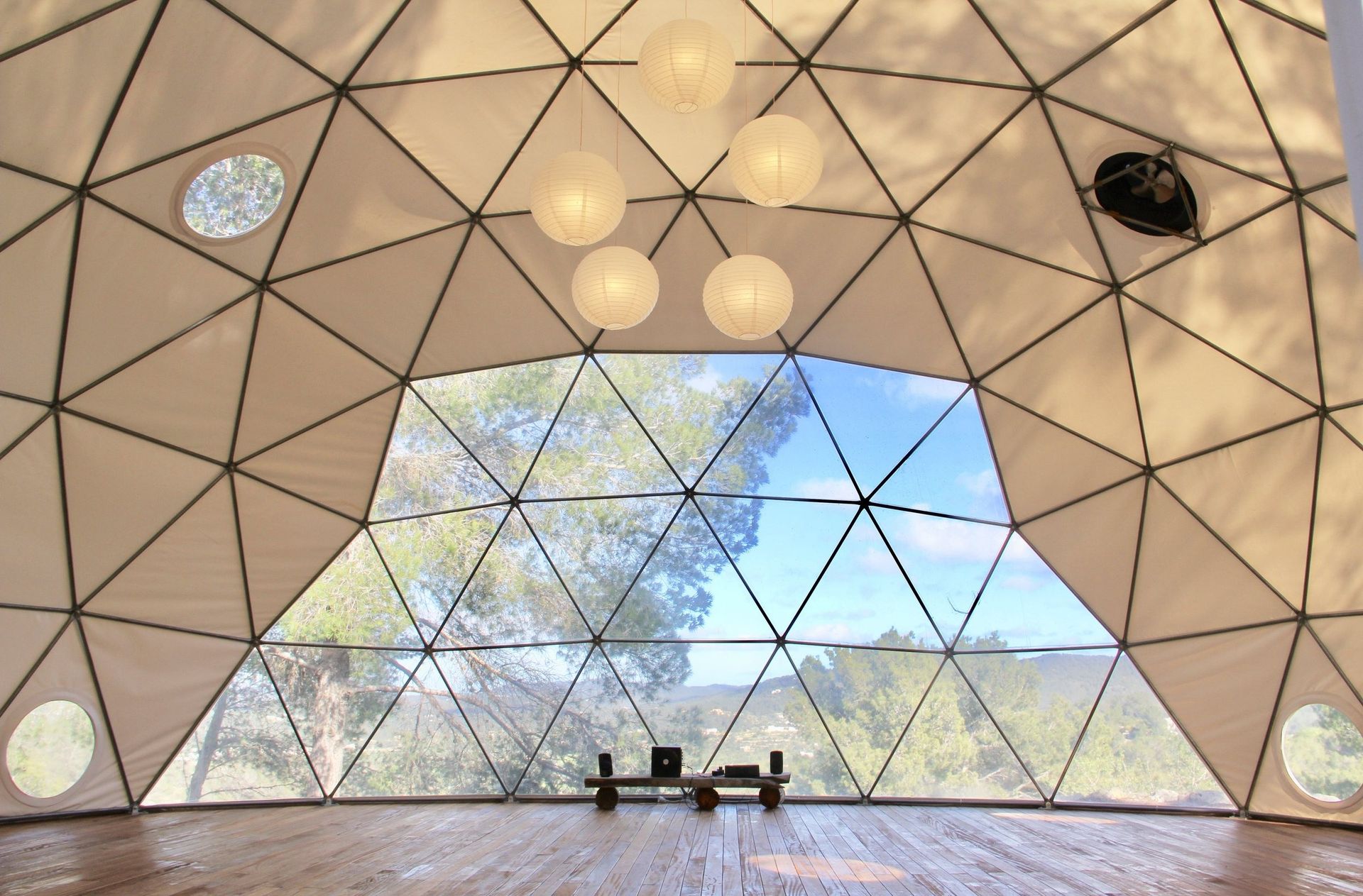 Inside the geodesic yoga dome, with a glass wall onto the pines
