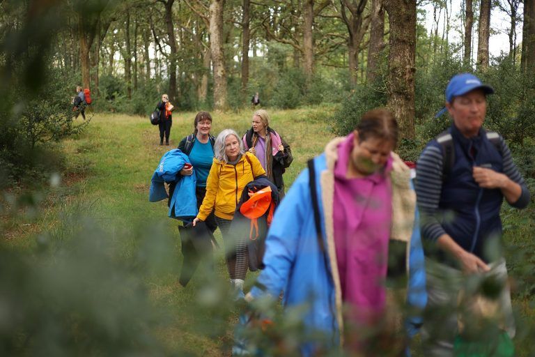 People hiking on a trail through a forest; some wear jackets, backpacks, and hats; trees in the background.