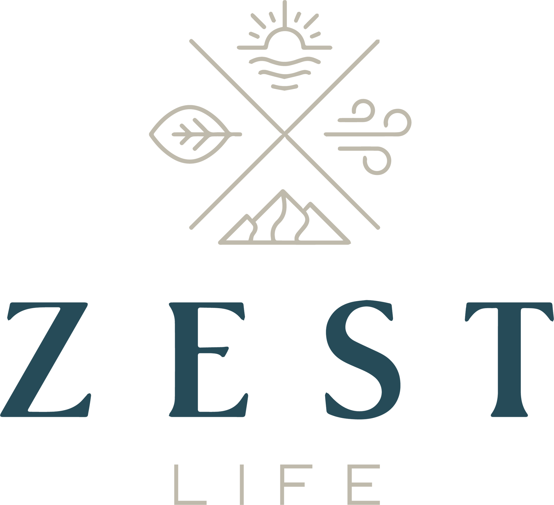 Logo for Zest Life, featuring a compass-like graphic with sun, leaf, wind, and mountains above the word 