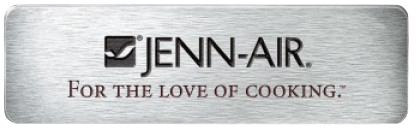 Jenn-Air metallic logo with slogan “For the Love of Cooking.”