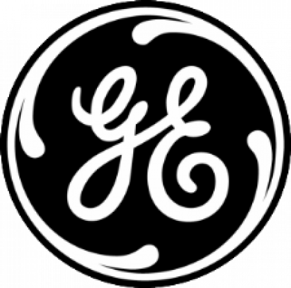 GE circular black-and-white logo with stylized initials in white on black background