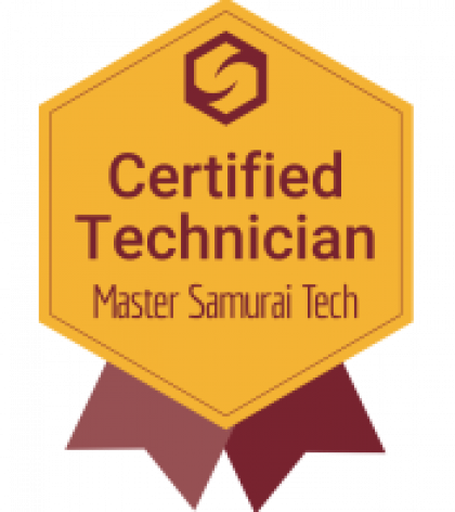 Yellow hexagonal “Certified Technician” badge with maroon ribbon and “Master Samurai Tech” text