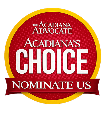 Red badge reading “Acadiana Advocate Acadiana’s Choice Nominate Us” in white and yellow text