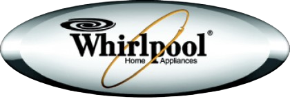 Whirlpool Home Appliances logo in black and gold on a silver oval background